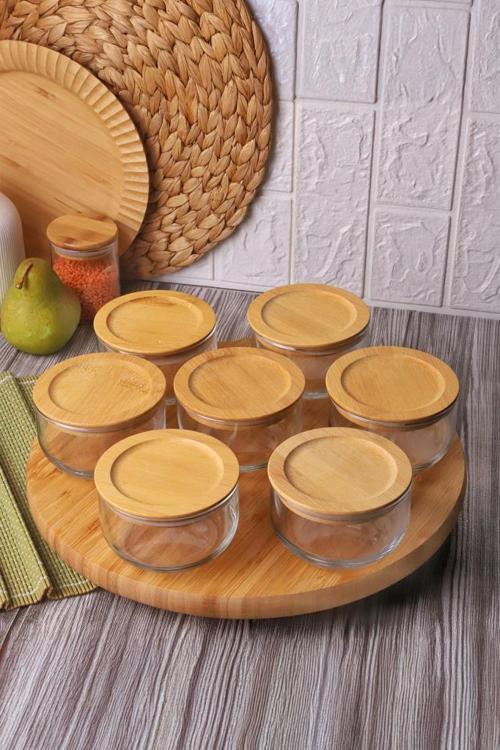 Duo 300ml 7'li Döner Tepsili Bambu Silikonlu Kapaklı Hava Aldırmaz Cam Kahvaltılık