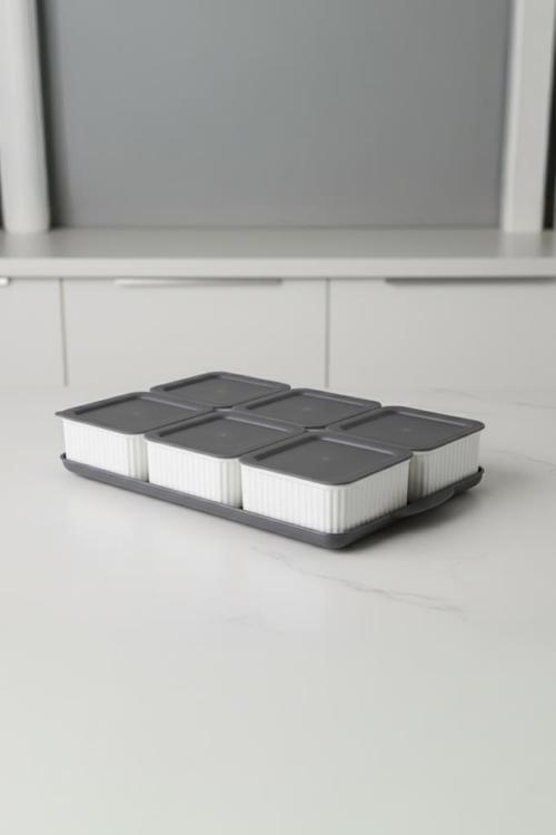 Valverdi - 6'lı 13 Parça Plastik Kahvaltılık Kahvaltı Seti Sunum Seti Gri Tepsili