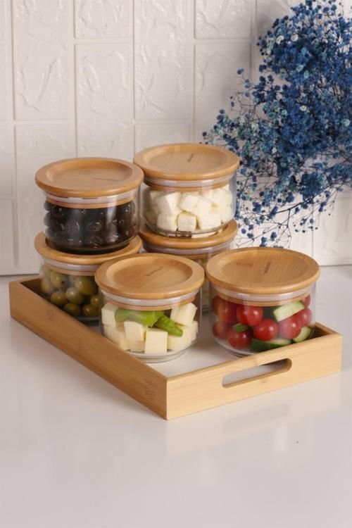 Bambum Duo 300ml 6'lı Beyaz Tepsili Bambu Kapaklı Cam Kahvaltılık