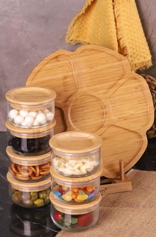 Duo 300ml 7'li Dönen Servisli Bambu Silikonlu Kapaklı Hava Aldırmaz Cam Kahvaltılık