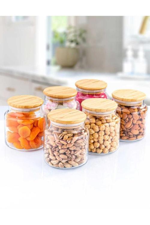 Zone 6'lı Cam Saklama Kabı Vakumlu 800ml. Bambu Kapaklı