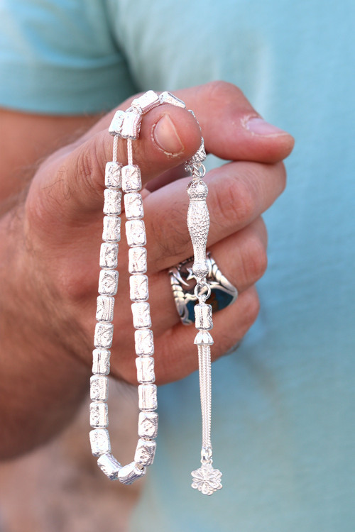 Kalem İşçilikli Desenli Kapsül Kesim 925 Ayar Gümüş Telkari Tesbih 201024514