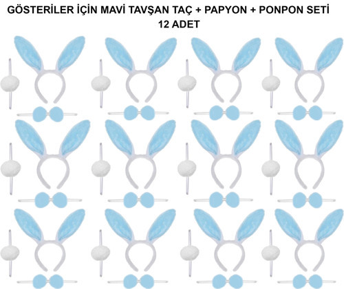 Mavi Tavşan Kostüm Seti – Taç, Papyon, Ponpon (12’li Paket)