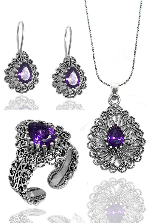 Ametist Taşlı Damla Model Kadın 925 Ayar Gümüş Telkari Üçlü Set 201024778