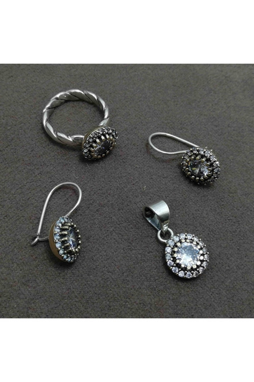 Beyaz Zirkon Taşlı Otantik Gümüş Üçlü Set 201011717