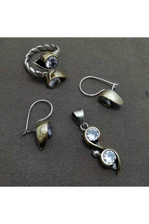Beyaz Zirkon Taşlı Otantik Kadın Gümüş Üçlü Set 201011718