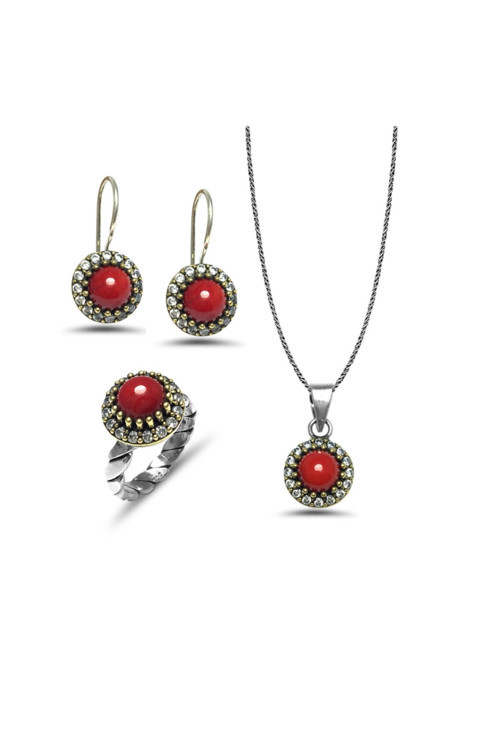 Mercan Taşlı El Işi Otantik Gümüş Üçlü Set