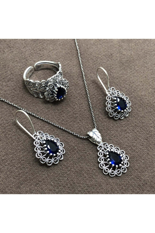 Kadın Gümüş Safir Taşlı Oksitli Telkari Üçlü Set