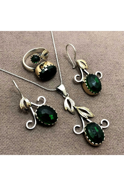 Zümrüt Taşlı Otantik Gümüş Üçlü Set
