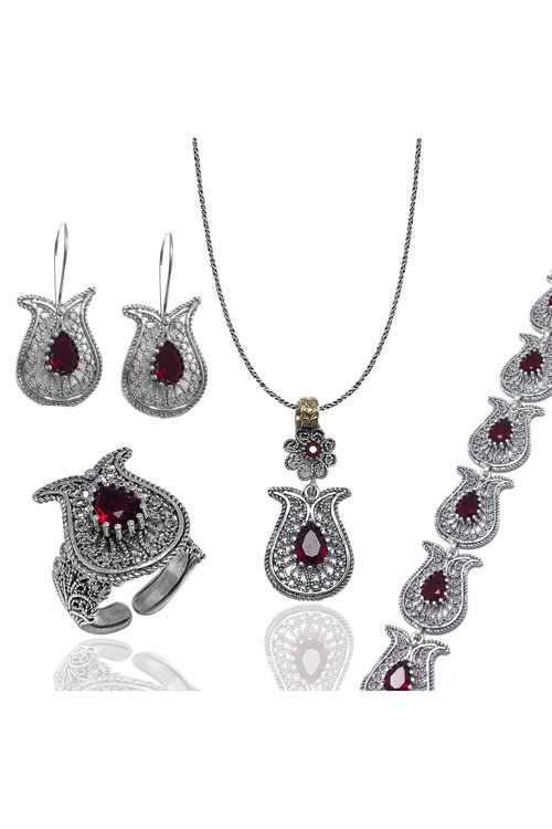 Lale Model Yakut Taşlı Telkari Gümüş Dörtlü Set