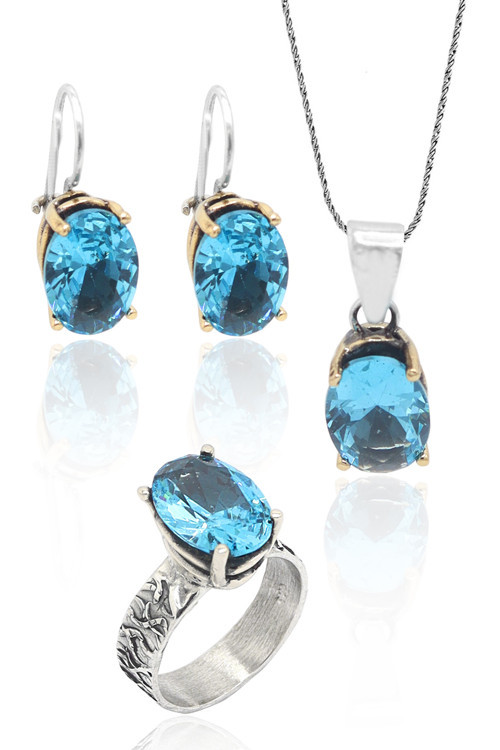 Akuamarin Taşlı El İşçiliği Otantik Gümüş Üçlü Set 201023379