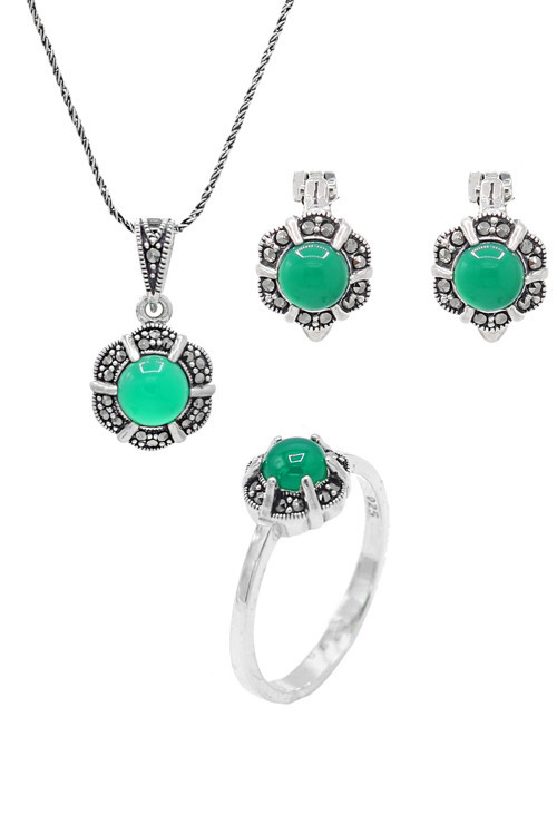Zümrüt Ve Markazit Taşlı 925 Ayar Gümüş Üçlü Set 201021930