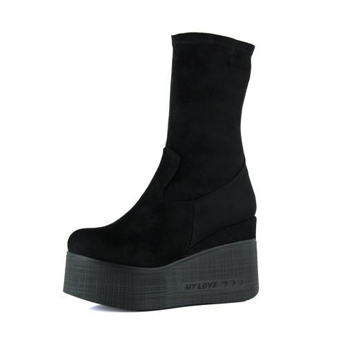 Yuki Siyah Süet Streç Kürk Astarlı Fermuarlı Yuvarlak Burun Gizli Dolgu Topuklu Bot