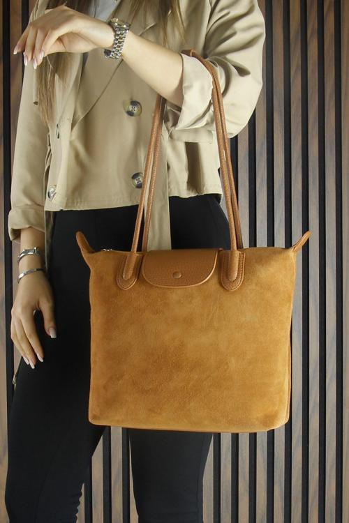 Taba Hakiki Dana Süet Fermuarlı Manyetik Kapaklı Büyük Boy Günlük Omuz Çantası