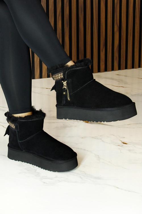 Siyah Süet Fermuarlı Kürk Astarlı Yuvarlak Burun Günlük Bot