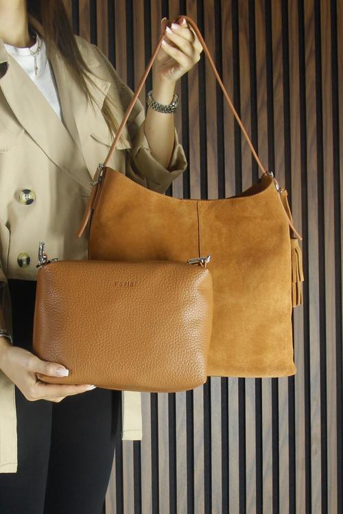 Taba Hakiki Dana Süet Püsküllü Manyetik Kapaklı Büyük Boy Günlük Omuz Çantası