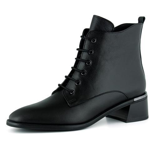 Siyah Hakiki Dana Derisi Bağcıklı Fermuarlı Yuvarlak Burun Kalın Topuklu Günlük Bot