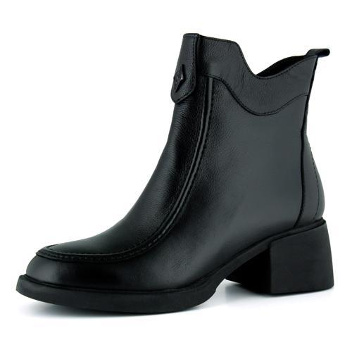 Siyah Hakiki Dana Derisi Tokalı Fermuarlı Yuvarlak Burun Kalın Topuklu Günlük Bot