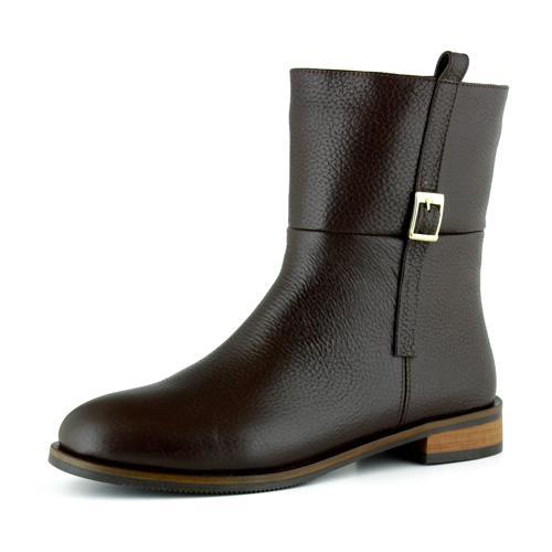 Kahverengi Hakiki Dana Derisi Tokalı Fermuarlı Yuvarlak Burun Kalın Topuklu Günlük Bot