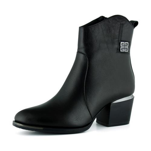 Siyah Hakiki Dana Derisi Tokalı Fermuarlı Sivri Burun Kalın Topuklu Günlük Bot
