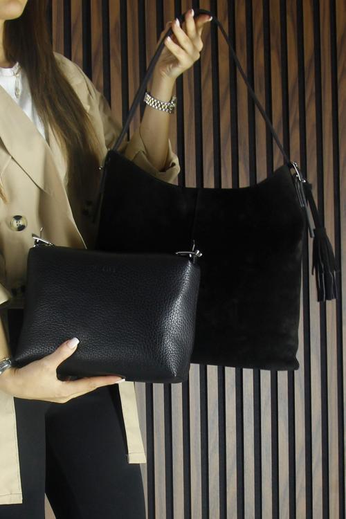 Siyah Hakiki Dana Süet Püsküllü Manyetik Kapaklı Büyük Boy Günlük Omuz Çantası