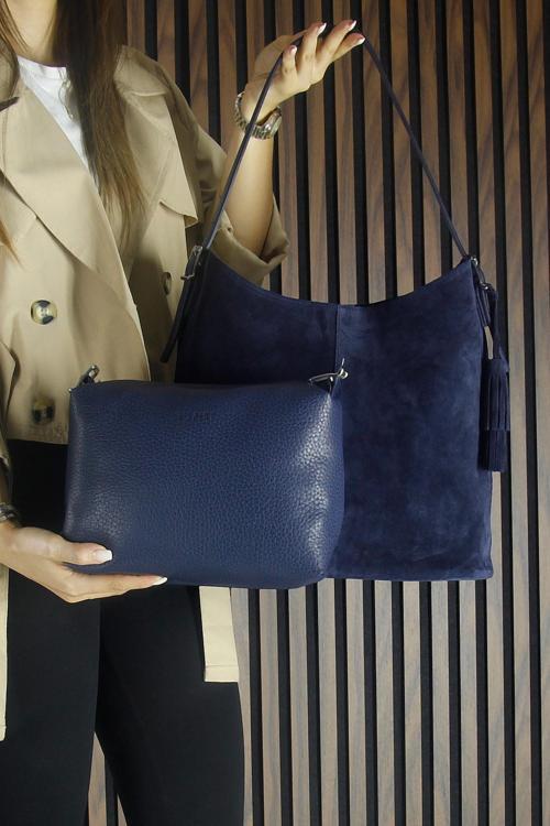 Lacivert Hakiki Dana Süet Püsküllü Manyetik Kapaklı Büyük Boy Günlük Omuz Çantası
