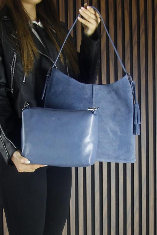 Mavi Hakiki Dana Süet Püsküllü Manyetik Kapaklı Büyük Boy Günlük Omuz Çantası