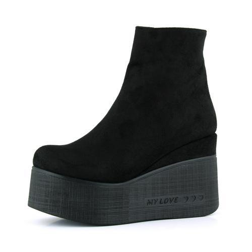 Chione Siyah Süet Kürk Astarlı Fermuarlı Yuvarlak Burun Gizli Dolgu Topuklu Bot