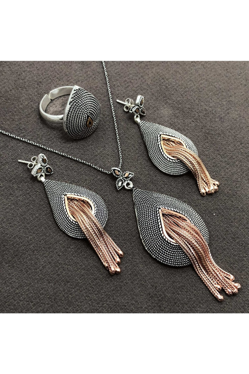Damla Model Püsküllü Gümüş Kadın Hasır Üçlü Set 201013518