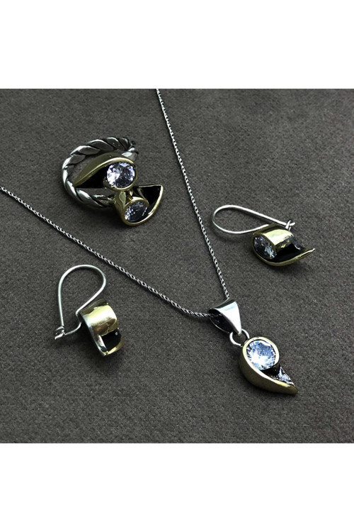 Beyaz Zirkon Taşlı Otantik Gümüş Üçlü Set