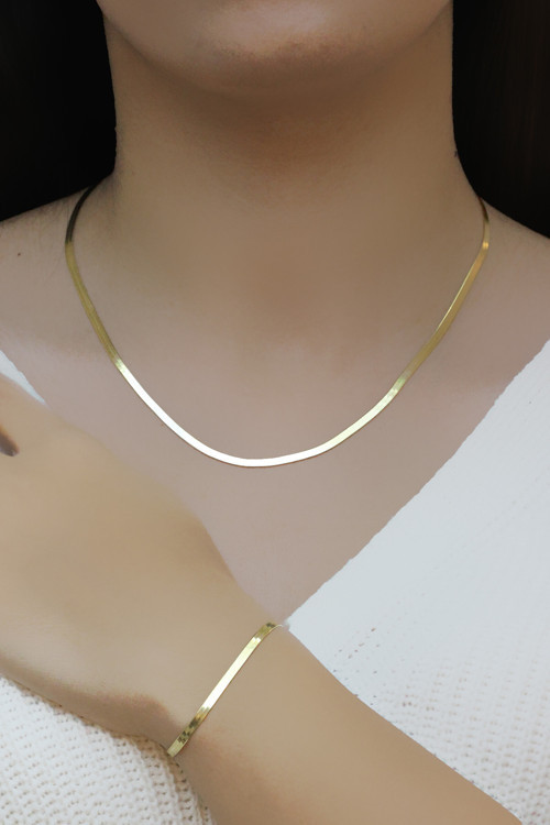 İtalyan Yassı Gold Kaplama925 Ayar Gümüş Kolye Ve Bileklik Kombini 2Li Set 201017563