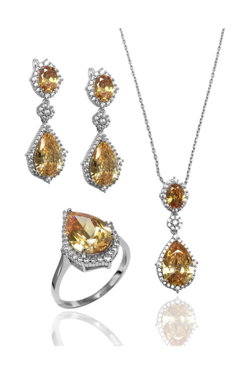 Sitrin Taşlı 925 Ayar Zirkon Gümüş Üçlü Set 201015145