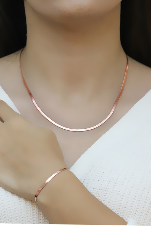 İtalyan Yassı Rose Kaplama 925 Ayar Gümüş Kolye Ve Bileklik Kombini 2Li Set 201017562