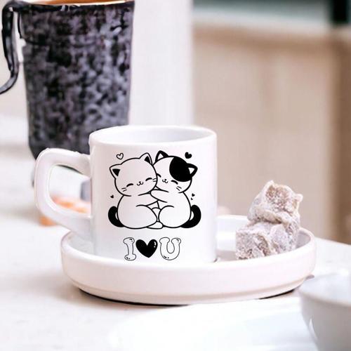 Sevimli Çift Kedili I Love U Tasarımlı Türk Kahve Fincanı – Hediyelik Tekli Fincan