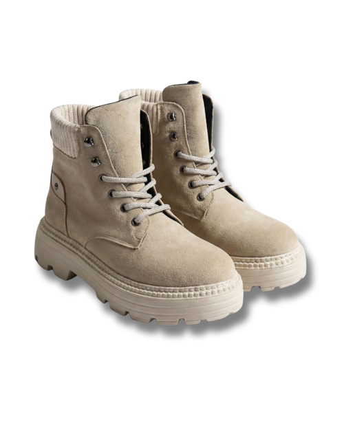Süet Combat Kadın Bot, Krem Renk, Yüksek Taban, Bağcıklı, Günlük Giyim, Ayak Bileği Boyu, Spor Stil, TarzZN05