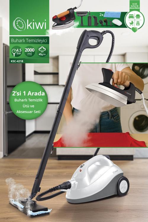 Kazanlı Ütüye Dönüşebilen Buharlı Temizlik Makinası KSC-4218 2000W / ml, 15 Aksesuar Beyaz