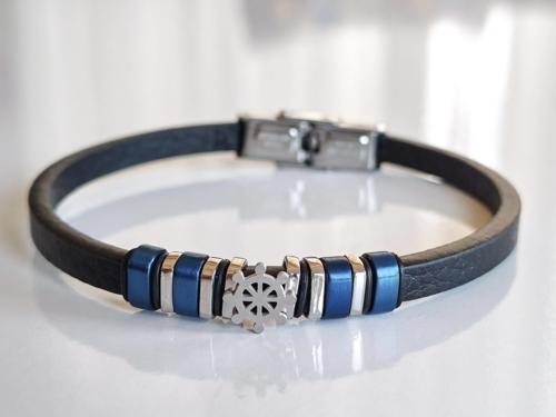 Deri Kordonlu Seramik Taşlı Gemici Dümenli Lüks Erkek Bileklik
