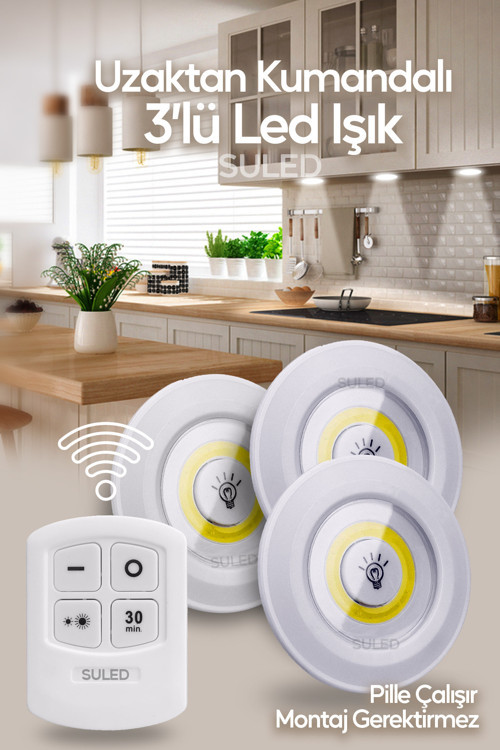 Pilli Uzaktan Kumandalı Montajsız Yapışkanlı 3'lü Spot Led Işık Lamba ...