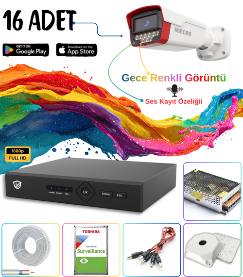 Adecam 16 lı Full HD AHD Güvenlik Kamera Sistemi - Gece Renkli & Sesli Set + 30 Gün Kayıt, Cepten İzleme