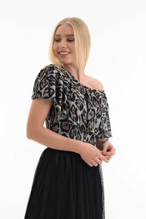 Kadın Leopar Desenli Omuzları Çift Volanlı Bluz Blz31587
Blz31587
