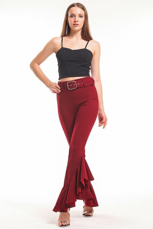 Kemerli Paça Volanlı Pike Çelik Pantolon Bordo Pnt32698
Pnt32698
