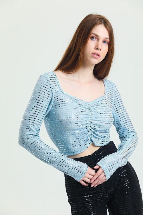 Uzun Kol Önü Lastik Büzgülü Buzi Payet Bluz Mavi Blz34189
Blz34189