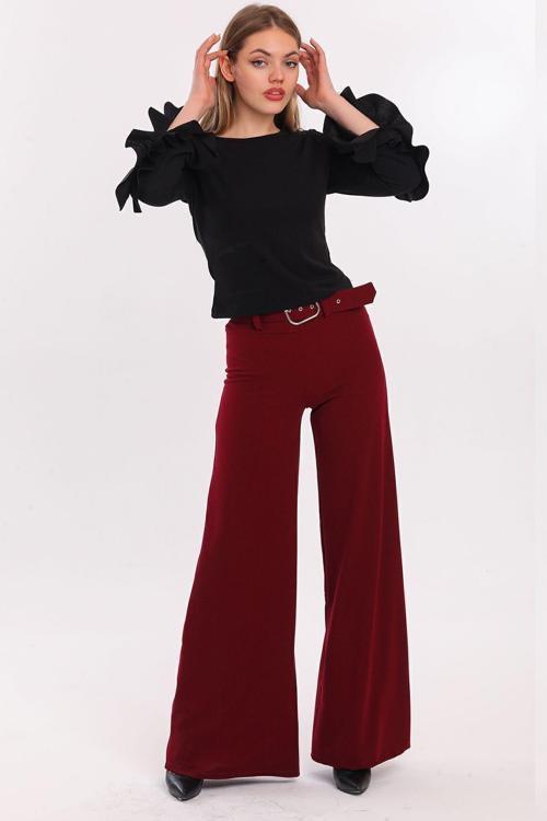 Yanları Kumaş Kaplama Kemerli İspanyol Paça Scuba Krep Pantolon Bordo Pnt33393
Pnt33393