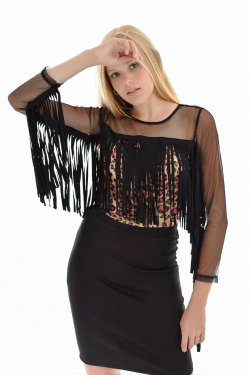 Ön Ve Arka Roba Kollar File Ve Püskül Bluz Fuşya-Siyah Blz31314
Blz31314