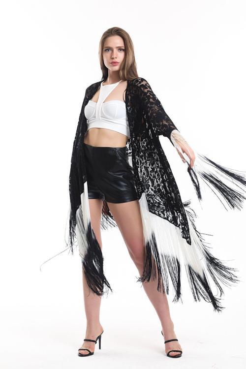 Püsküllü Kısa Dantel Kimono Kmno 34270 Ekru Siyah Püsküllü