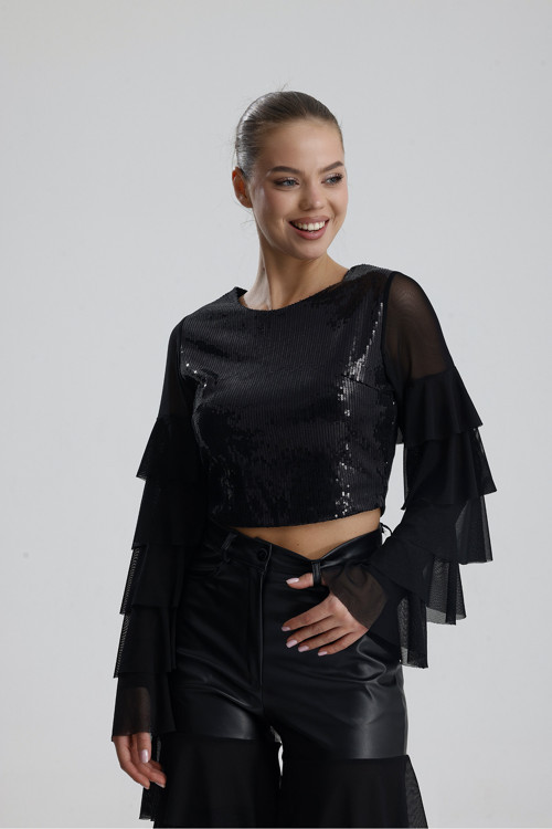 Payetli Tül Kol Crop Bluz Siyah Bust36090
Bust36090