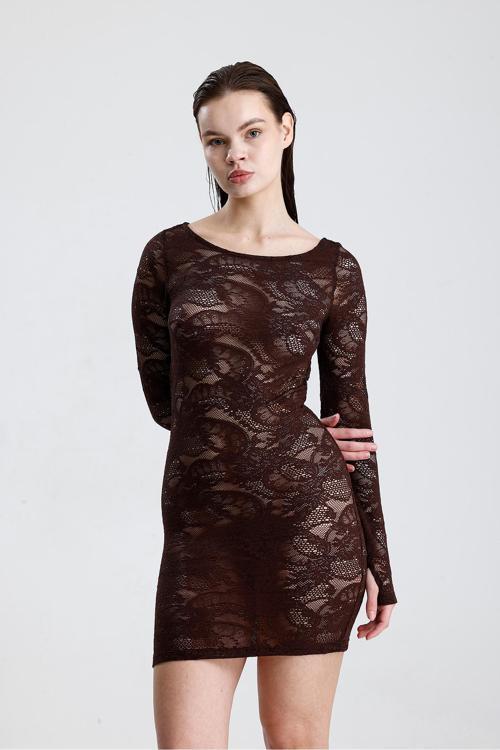 Dantel Mini Elbise - Uzun Kollu Şık Gece Ve Parti Elbisesi Kahve Elb36380
Elb36380