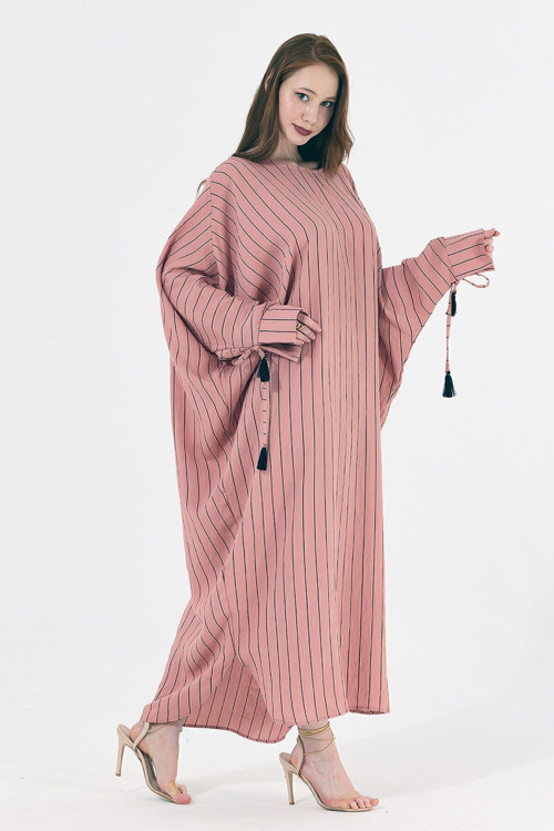 Manşetli İp Püsküllü Viskon Çizgili Kimono Pudra Çizgili Kmn35613
Kmn35613