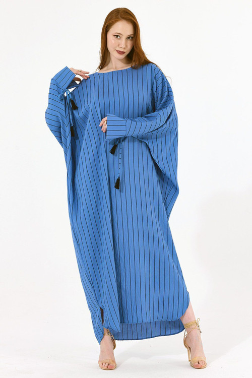 Manşetli İp Püsküllü Viskon Çizgili Kimono İndigo Çizgili Kmn35613
Kmn35613