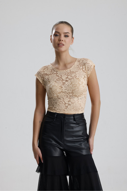 Dantel Transparan Kısa Kollu Bluz Somon Bust35379
Bust35379
